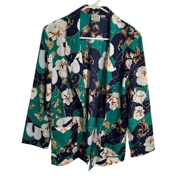 Vintage Pykettes Open Front Blazer Top Navy Green Floral - Picture 2 of 9